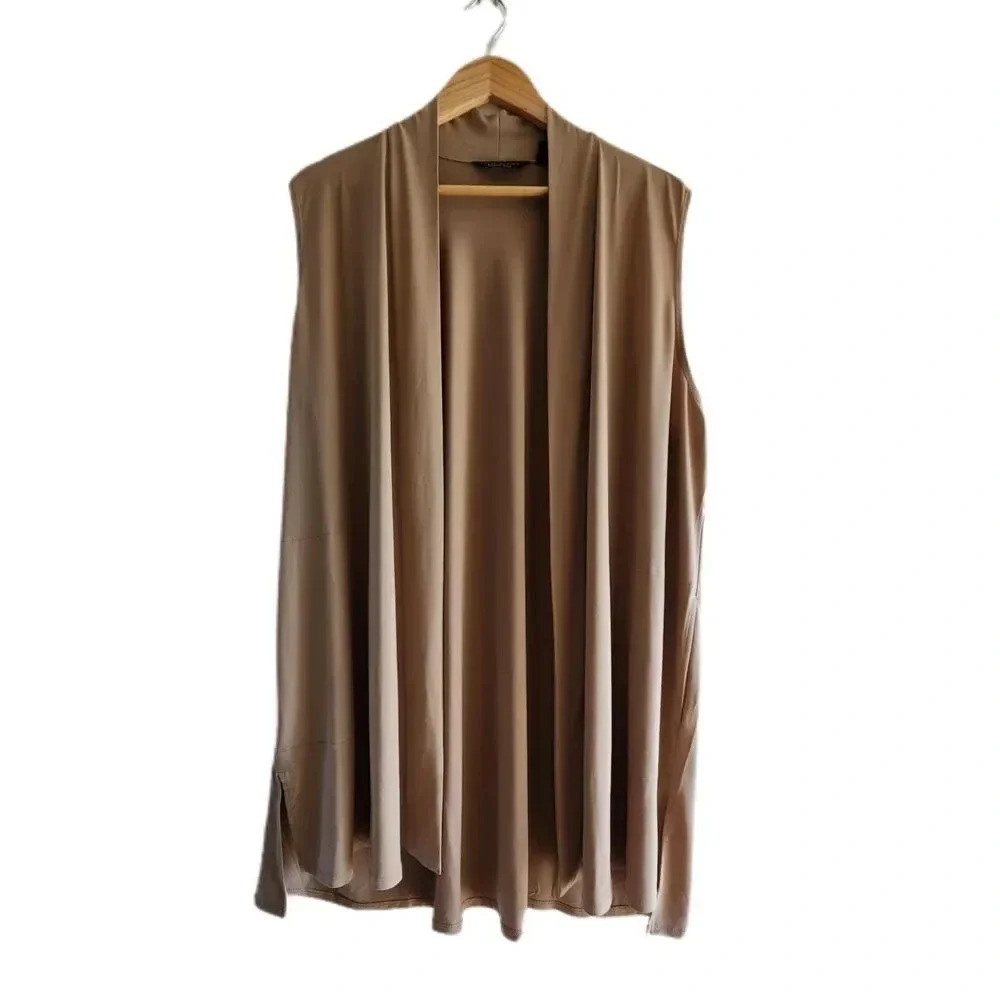 Susan Graver Womens Tan Polyester Sleeveless Open Front Slit Cardigan Size 1X